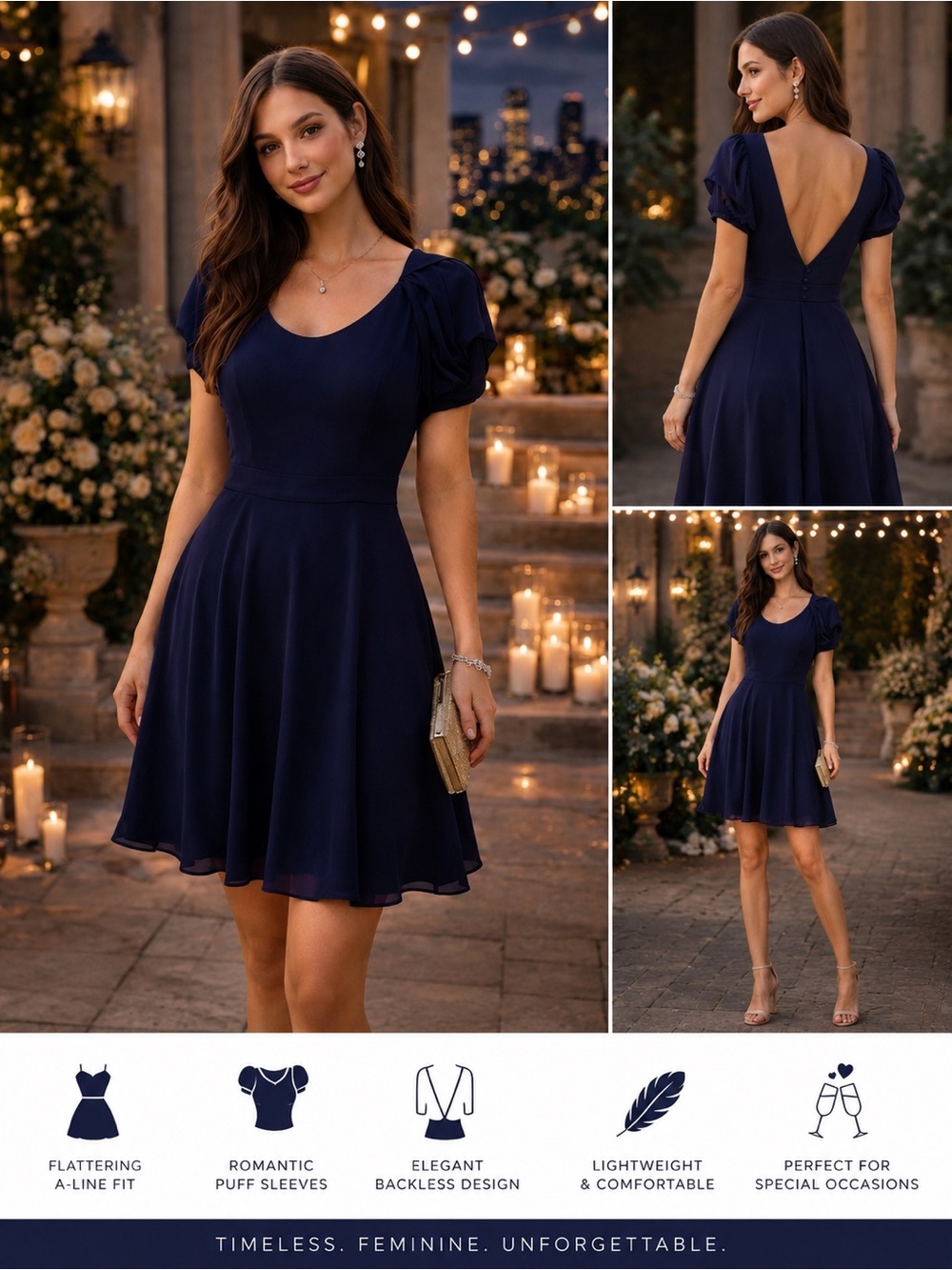BCBGeneration Navy Blue Backless Puff Sleeve A-Line Dress